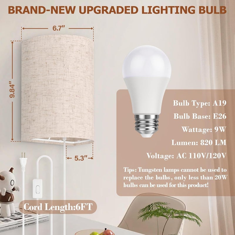 OCATO Plug in Wall Sconces Set of Two: Wall Light Wall Lamp with On/Off Switch 3000K 4500K 6000K Selectable Fixtures Fabric Linen Shade Wall Decor Wall Lights for Bedroom Living Room Hallway Indoor - Image 3